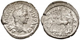 Caracalla. A.D. 198-217. AR denarius (19.7 mm, 2.17 g, 7 h). Rome mint, struck A.D. 208. ANTONINVS PIVS AVG, laureate head of Caracalla right / PONTIF...