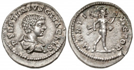 Geta. As Caesar, A.D. 198-209. AR denarius (19.8 mm, 3.75 g, 5 h). Laodicea ad Mare mint, struck A.D. 202-203. P SEPTIMIVS GETA CAES, bare-headed, dra...