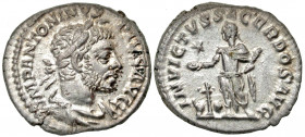 Elagabalus. A.D. 218-222. AR denarius (18.9 mm, 3.32 g, 7 h). Rome mint, struck A.D. 220-222. IMP ANTONINVS PIVS AVG, laureate, horned, and draped bus...