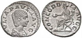 Julia Paula. Augusta, A.D. 219-220. AR denarius (18.5 mm, 1.68 g, 7 h). Rome mint. IVLIA PAVLA AVG, draped bust of Julia Paula right / CONCORDIA AVGG,...