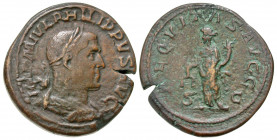 Philip I. A.D. 244-249. AE sestertius (31.0 mm, 19.35 g, 1 h). Rome mint, struck A.D. 246. IMP M IVL PHILIPPVS AVG, laureate, draped and cuirassed bus...