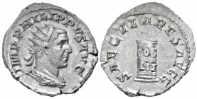 Philip I. A.D. 244-249. AR antoninianus (23.3 mm, 3.88 g, 1 h). Rome mint, struck A.D. 249. IMP PHILIPPVS AVG, radiate, draped and cuirassed bust of P...