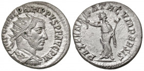 Philip I. A.D. 244-249. AR antoninianus (21.5 mm, 4.44 g, 6 h). Antioch mint, struck A.D. 244-245. IMP C M IVL PHILIPPVS P F AVG P M, radiate, draped ...