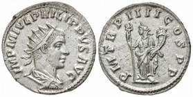 Philip II. As Caesar, A.D. 244-247. AR antoninianus (22.3 mm, 3.85 g, 7 h). Antioch mint, struck A.D. 247. IMP M IVL PHILIPPVS AVG, radiate, draped an...