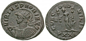 Probus. A.D. 276-282. AE antoninianus (22.9 mm, 3.16 g, 7 h). Ticinum mint, struck A.D. 281. VIRTVS PROBI AVG, radiate, helmeted, and cuirassed bust o...