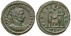 Carinus. A.D. 283-285. AE antoninianus (21.6 mm, 4.48 g, 5 h). Tripolis mint, struck A.D. 284. IMP C M AVR CARINVS P F AVG, radiate and cuirassed bust...