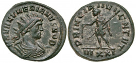 Numerian. As Caesar, A.D. 282-283. AE antoninianus (22.6 mm, 3.90 g, 5 h). Ticinum mint, struck A.D. 282. M AVR NVMERIANVS C, radiate, draped and cuir...