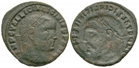 Licinius I. A.D. 308-324. AE follis (23.8 mm, 3.07 g, 12 h). Uncertain mint. IMP C VAL LIC LICINIVS P F AVG, laureate head or Licinius I right / Brock...