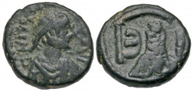 Justin I. 518-527. AE pentanummium (12.7 mm, 1.89 g, 5 h). Antioch mint. D N IVSTINVS P P AVG, pearl-diademed, draped and cuirassed bust of Justin I r...