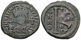 Justinian I. 527-565. AE half follis (31.1 mm, 10.39 g, 11 h). Antioch mint, dated RY 22 = 548/9. D N IVSTINIANVS P P AVG, helmeted and cuirassed bust...