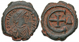 Justinian I. 527-565. AE pentanummium (18.1 mm, 2.61 g, 8 h). Antioch mint, struck 529-539. D N IVSTINIANVS P P AV, pearl-diademed, draped and cuirass...