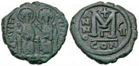 Justin II. 565-578. AE follis (29.1 mm, 12.67 g, 12 h). Constantinople mint, dated RY 7 = 571/2. D N IVSTINIANVS P P AV, Justin II and Sophia seated o...