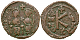 Justin II. 565-578. AE half follis (22.6 mm, 6.53 g, 12 h). Cyzicus mint, dated RY 6 = 570/1. D N IVSTINVS P P AV, Justin II and Sophia seated on thro...