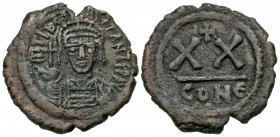Tiberius II Constantine. 578-582. AE half follis (24.9 mm, 6.28 g, 7 h). Constantinople mint, struck 579-582. Dm TIb CONSTANT P P AV, helmeted and cui...