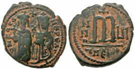 Phocas. 602-610. AE follis (29.7 mm, 10.15 g, 1 h). Antioch mint, dated RY 6 = 607/8. O N FOCA NЄ PЄ AV, Phocas on left and Leontia on right, standing...