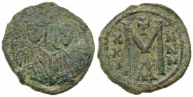 Leo V, the Armenian. 813-820. AE follis (25.3 mm, 7.15 g, 5 h). Syracuse mint. LЄOn S COnST, facing busts of Leo with short beard on left and Constant...