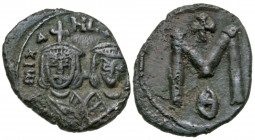 Michael II, the Amorian. 820-829. AE follis (20.0 mm, 2.44 g, 7 h). Syracuse mint, struck 821-829. MIXAHL S ΘЄOL, crowned facing busts of Michael on l...