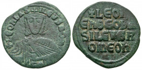 Leo VI, the Wise. 886-912. AE follis (25.9 mm, 5.81 g, 6 h). Constantinople mint.. +LЄOn bAS - ILЄVS ROm', facing bust of Leo VI with short beard, wea...
