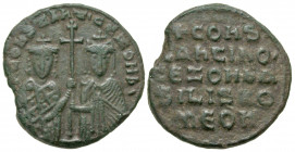 Constantine VII, with Zoe. 913-959. AE follis (25.1 mm, 6.63 g, 6 h). Constantinople mint, struck 914-919. + COnSTAnt' CЄ ZOH b, facing busts of Const...
