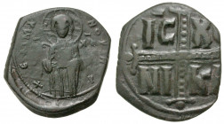 Anonymous (attributed to Michael IV). Ca. 1034-1041. AE follis (27.6 mm, 8.74 g, 7 h). Anonymous class C. Constantinople mint. +ЄMMANOVHA, three-quart...