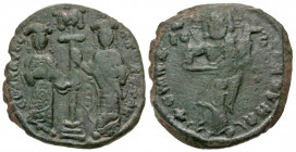 Constantine X Ducas. 1059-1067. AE follis (28.1 mm, 10.30 g, 7 h). Constantinople mint. +ЄMMANOVHA, Christ, nimbate, standing facing on footstool, wea...