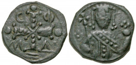 Alexius I Comnenus. 1081-1118. AE tetarteron (17.5 mm, 2.92 g, 1 h). Thessalonica mint. C-Φ, M-Δ, jeweled cross with globe at each extremity set upon ...