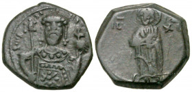 John II Comnenus. 1118-1143. AE half tetarteron (15.9 mm, 2.24 g, 5 h). Thessalonica mint, struck 1122-1137. Christ nimbate, standing facing on footst...