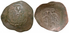 Andronicus I Comnenus. 1183-1185. BI aspron trachy (28.7 mm, 2.40 g, 7 h). Constantinople mint. The Virgin Mary, nimbate, standing facing on dais, wea...