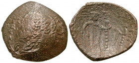 Latin Rulers of Thessalonica. 1204-1224. BI trachy (24.3 mm, 2.64 g, 6 h). Thessalonica mint. O ЄMMANYHΛ, nimbate Christ seated facing on throne, wear...