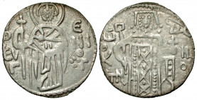 John II. 1280-1297. AR asper (22.0 mm, 2.71 g, 7 h). Constantinople mint. OAЄVΓ ЄNIOΓ, St. Eugenius, nimbate, standing facing, holding long cross / IW...