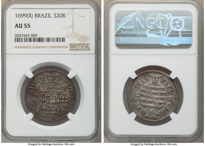 Pedro II 320 Reis 1699-(R) AU55 NGC, Rio de Janeiro mint, KM89.1, LMB-135a. Disp...