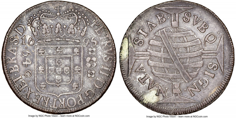 Pedro II "Small Crown" 640 Reis 1695-(B) XF Details (Cleaned) NGC, Bahia mint, K...