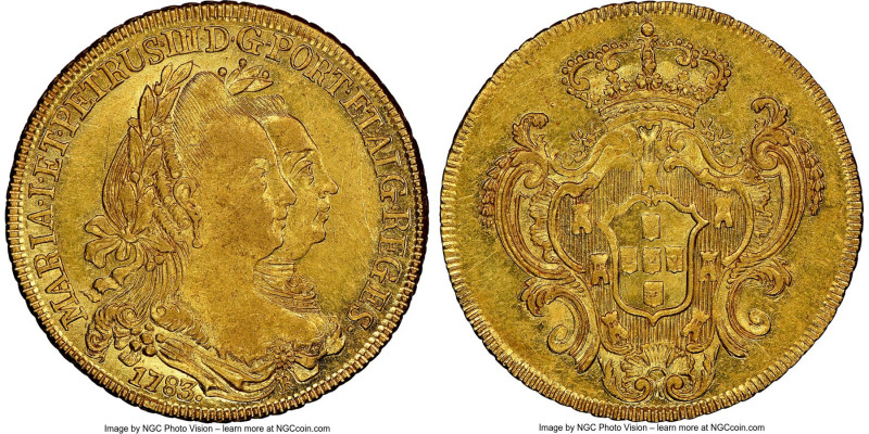 Maria I & Pedro III gold 6400 Reis 1783-R AU58 NGC, Rio de Janeiro mint, KM199.2...