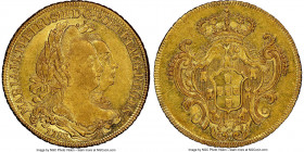 Maria I & Pedro III gold 6400 Reis 1783-R AU58 NGC, Rio de Janeiro mint, KM199.2, LMB-465. Blessed with an abundance of beaming mint brilliance, dimin...