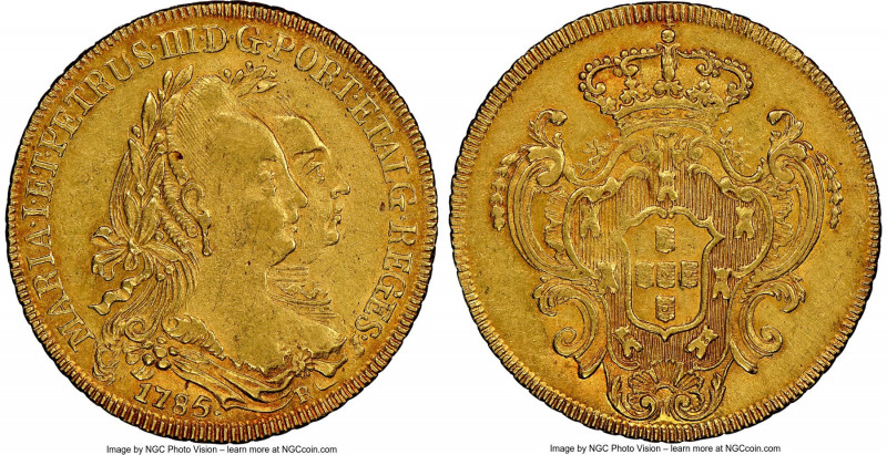 Maria I & Pedro III gold 6400 Reis 1785-R AU58 NGC, Rio de Janeiro mint, KM199.2...