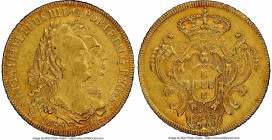 Maria I & Pedro III gold 6400 Reis 1785-R AU58 NGC, Rio de Janeiro mint, KM199.2, LMB-467. Centrally struck, with red-gold highlights embellishing fea...