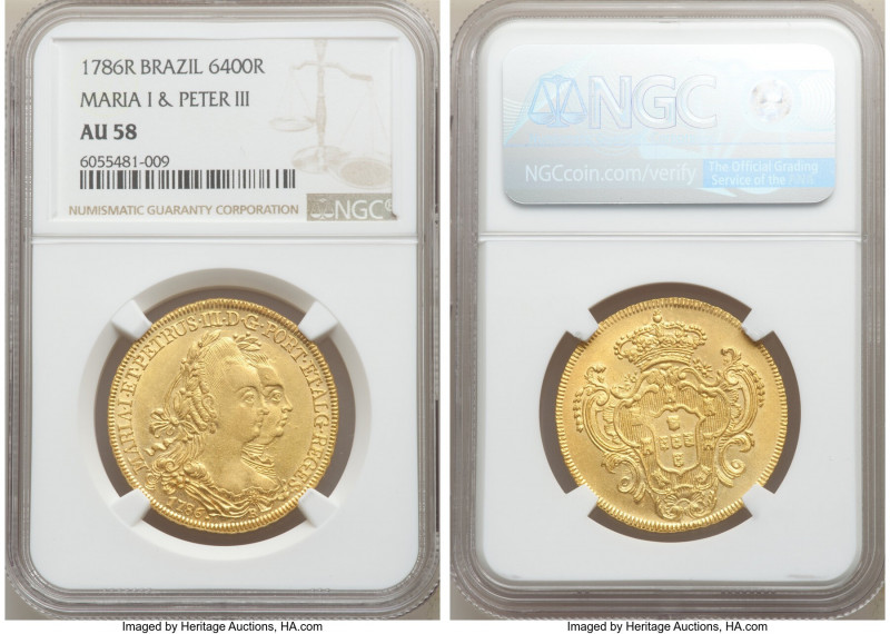 Maria I & Pedro III gold 6400 Reis 1786-R AU58 NGC, Rio de Janeiro mint, KM199.2...
