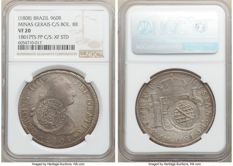 Minas Gerais. João Prince Regent Counterstamped 960 Reis ND (1808) VF20 NGC, KM2...