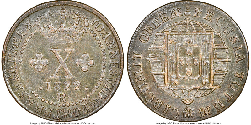 João VI 10 Reis 1822-R AU Details (Burnished) NGC, Rio de Janeiro mint, KM314.1,...