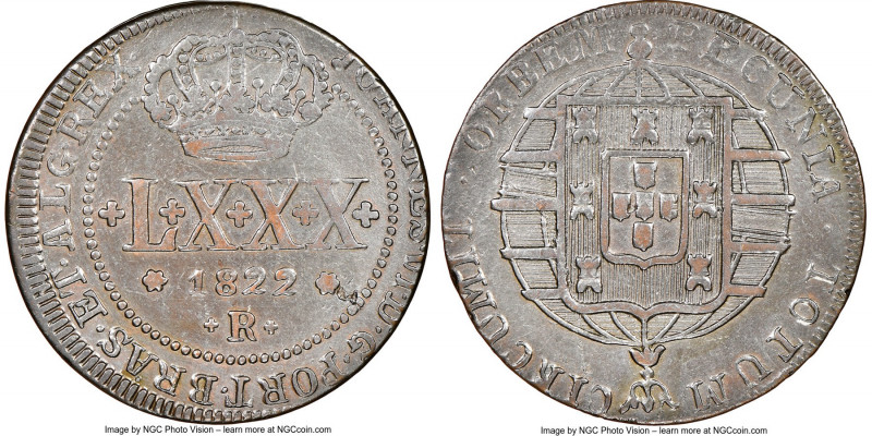 João VI 80 Reis 1822-R AU Details (Tooled) NGC, Rio de Janeiro mint, KM342.2, LM...