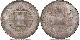 João VI "Wreath Obverse" 960 Reis 1818-R AU55 NGC, Rio de Janeiro mint, KM326.1, LMB-476. Wreath obverse type. Struck over a Charles IV 8 Reales 1793 ...