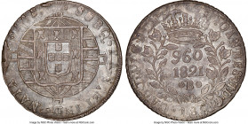 João VI 960 Reis 1821-B MS61 NGC, Bahia mint, KM326.2, LMB-463a, Bentes-442.06. Verifiably uncirculated and struck over an 1809 8 Reales of Lima.

HID...