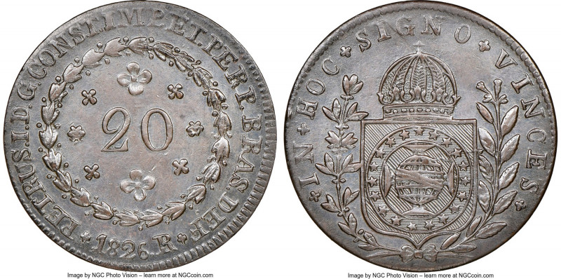 Pedro I 20 Reis 1826-R AU55 Brown NGC, Rio de Janeiro mint, KM360.1, LMB-582, Be...