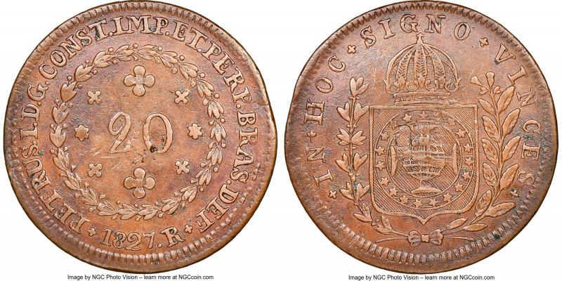 Pedro I 20 Reis 1827-R AU53 Brown NGC, Rio de Janeiro mint, KM360.1, LMB-583, Be...