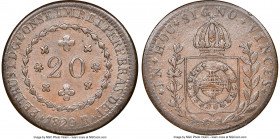 Pedro I 20 Reis 1829-R AU53 Brown NGC, Rio de Janeiro mint, KM360.1, LMB-585, Bentes-495.13. Even chocolate appearances peppered with flow lines and o...