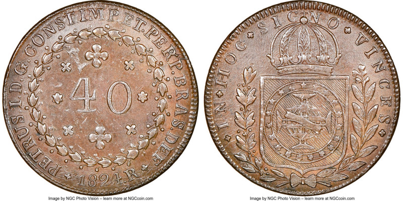 Pedro I 40 Reis 1824-R MS61 Brown NGC, Rio de Janeiro mint, KM363.1, LMB-596A, 4...