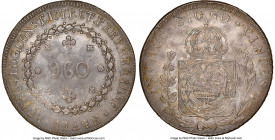 Pedro I 960 Reis 1824-B AU55 NGC, Bahia mint, KM368.2, LMB-509. Overstruck on an 1803 Bust 8 Reales of Charles IV. Lightly toned with remnants of lust...