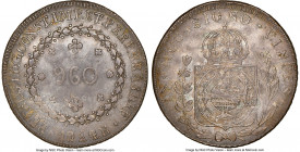 Pedro I 960 Reis 1824-B AU55 NGC, Bahia mint, KM368.2, LMB-509. Overstruck on an 1803 Bust 8 Reales of Charles IV. Lightly toned with remnants of lust...