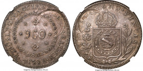 Pedro I 960 Reis 1827-R AU58 NGC, Rio de Janeiro mint, KM368.1, LMB-508a, Bentes-474.37. Overstruck on a Minas Gerais countermarked 960 Reis, original...