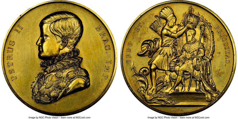 Pedro II gilt-bronze Azevedo Coronation Medal 1841 MS62 NGC, cf. Meili-20 (here,...